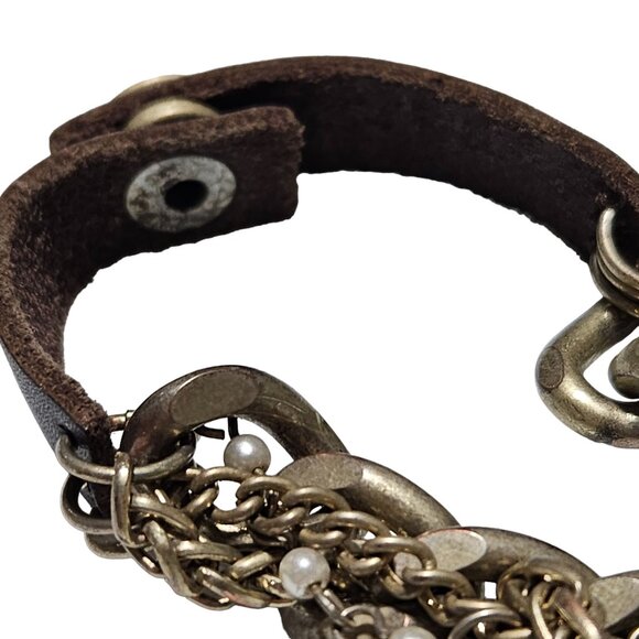 Vintage Leather Brass Chain Link Charm Bracelet Faux Pearls Fashion Jewelry - Picture 6 of 8